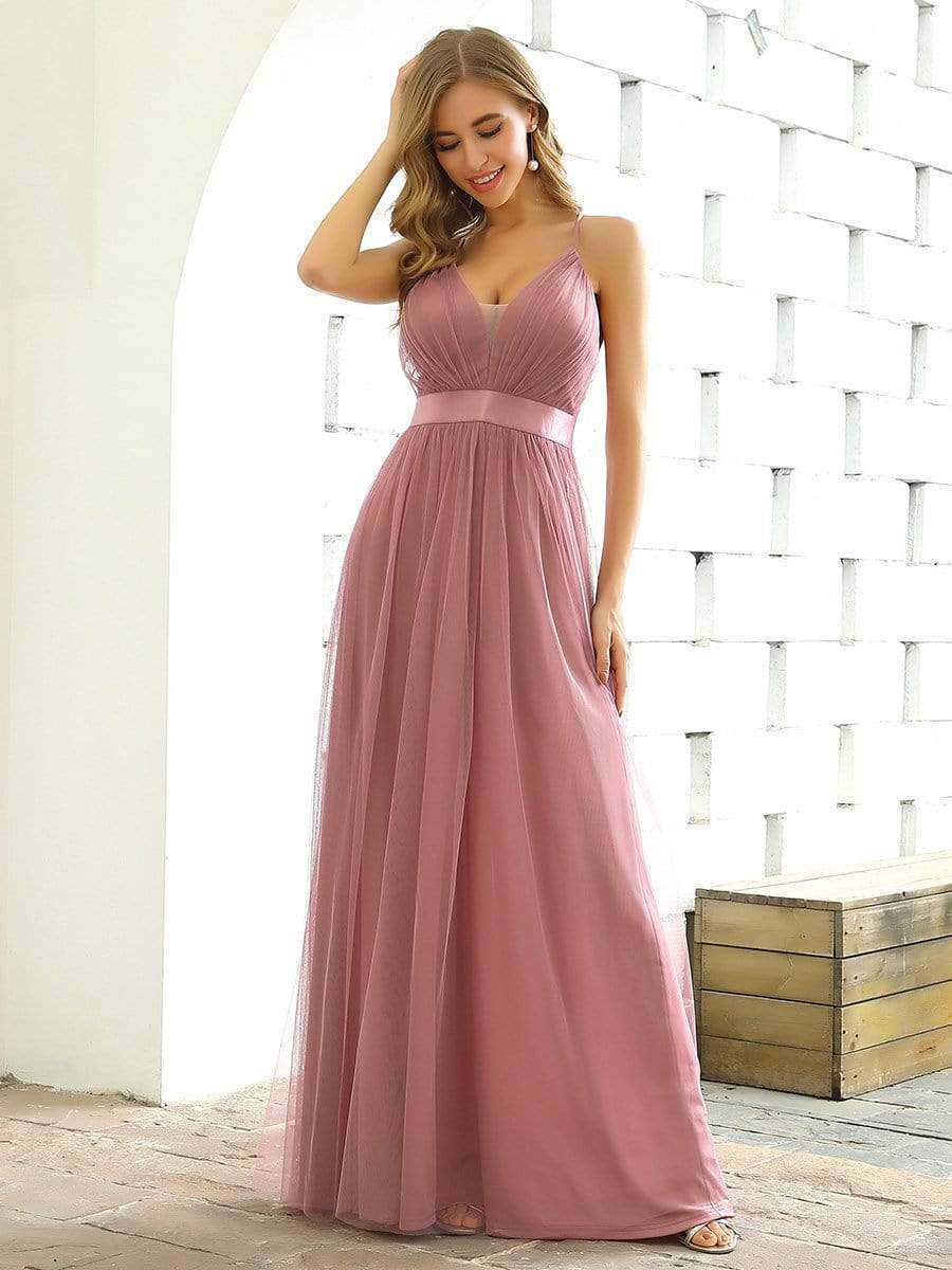 Sexy Deep V-neck Backless Tulle Maxi Evening Dresses #color_Purple Orchid