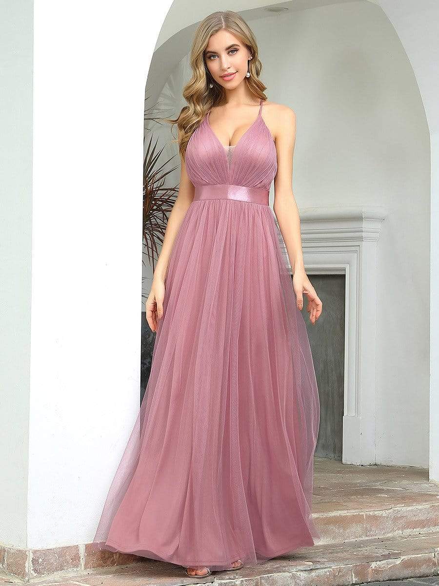 Sexy Deep V-neck Backless Tulle Maxi Evening Dresses #color_Purple Orchid