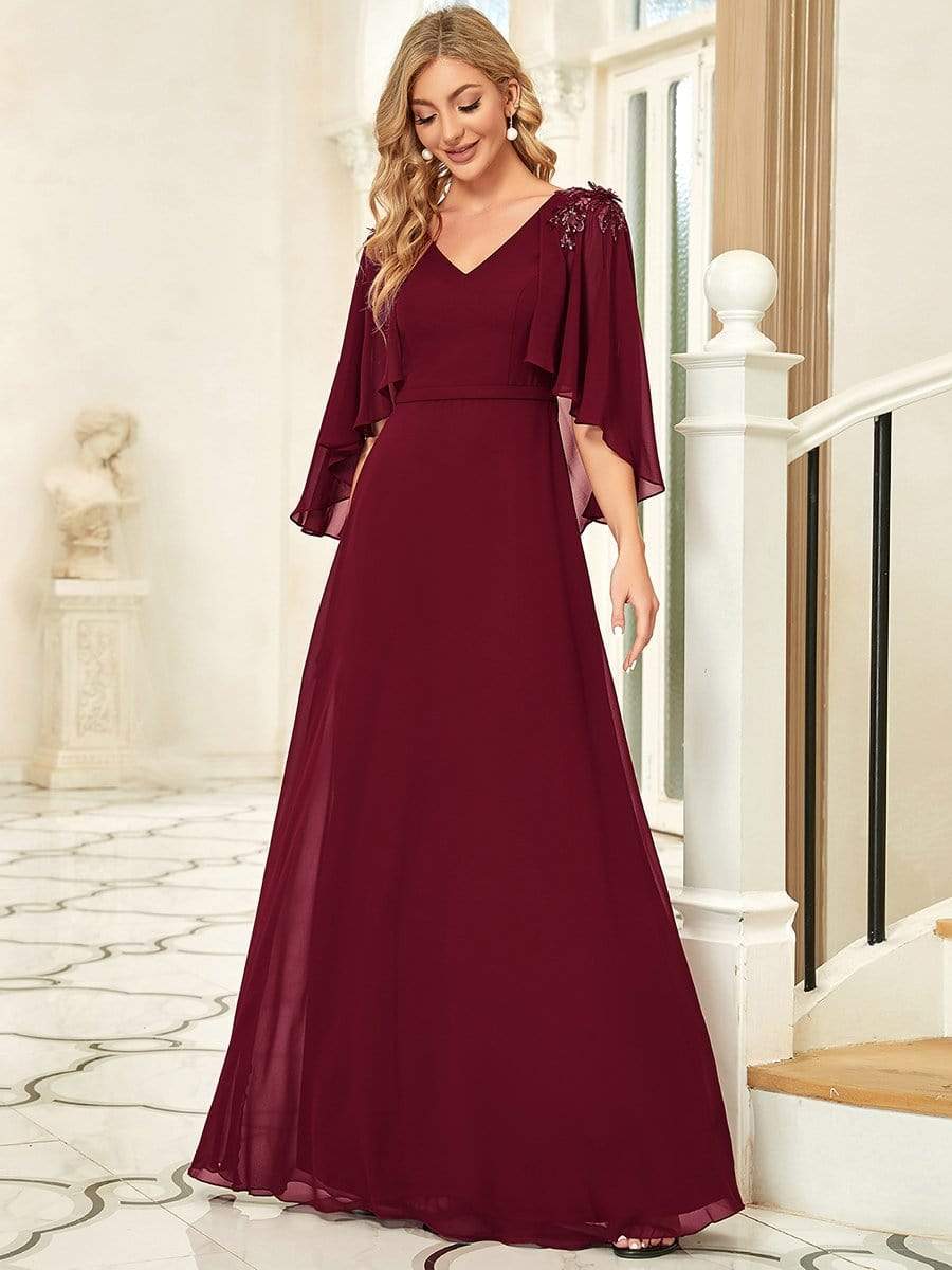 Elegant V Neck Flowy Chiffon Bridesmaid Dresses with Wraps #color_Burgundy