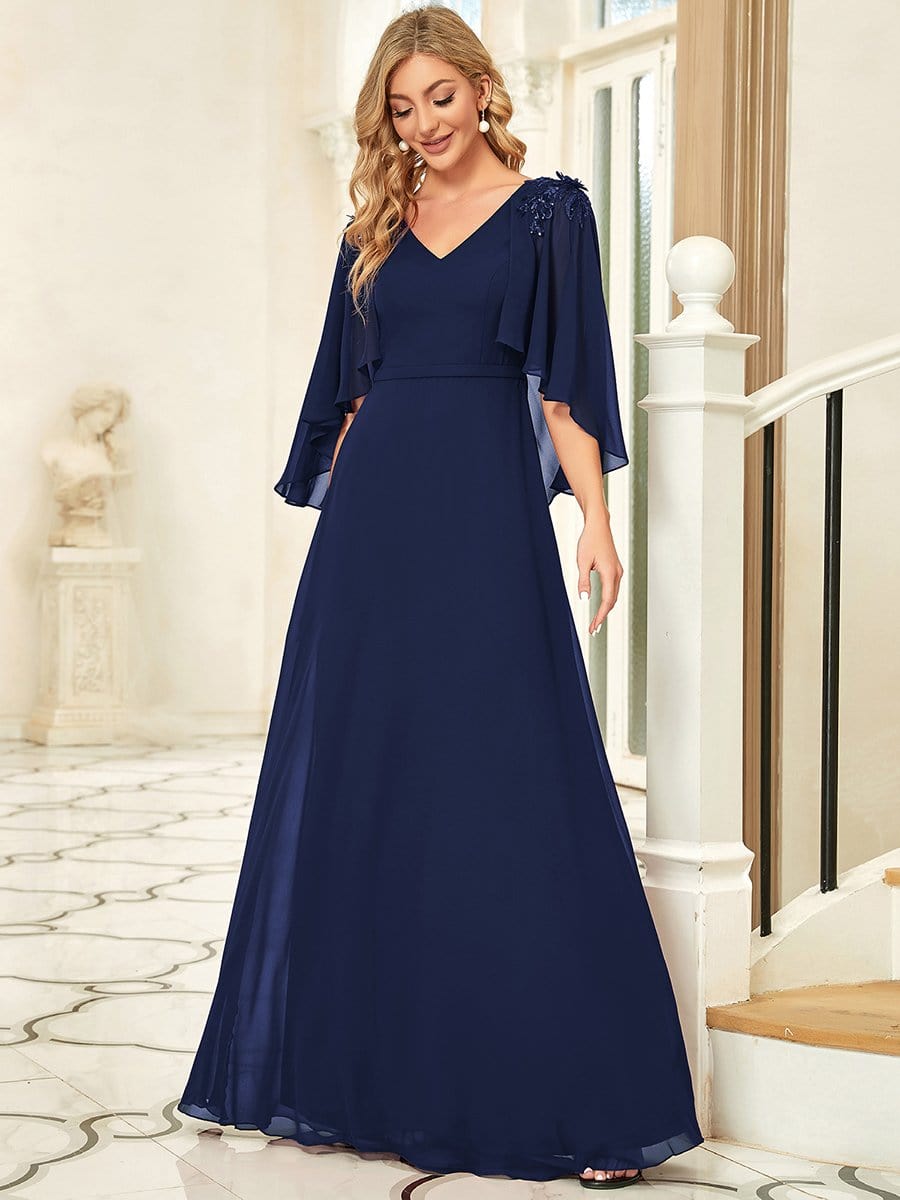 Elegant V Neck Flowy Chiffon Bridesmaid Dresses with Wraps #color_Navy Blue