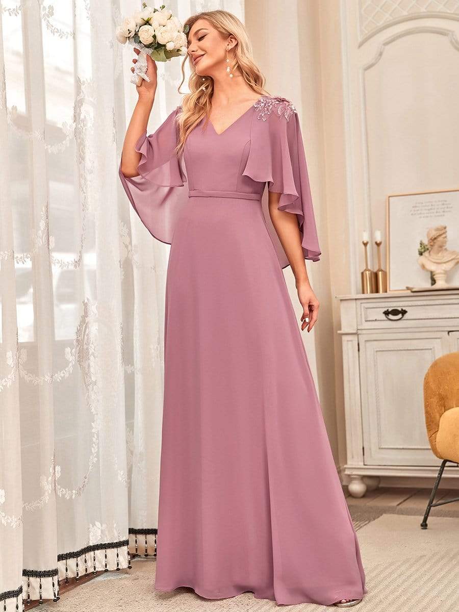 Elegant V Neck Flowy Chiffon Bridesmaid Dresses with Wraps #color_Purple Orchid