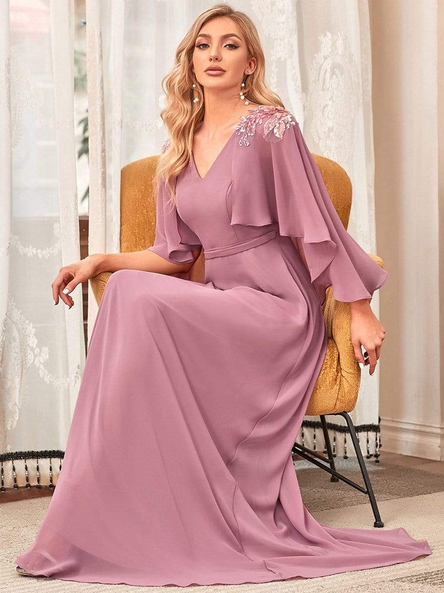 Elegant V Neck Flowy Chiffon Bridesmaid Dresses with Wraps #color_Purple Orchid
