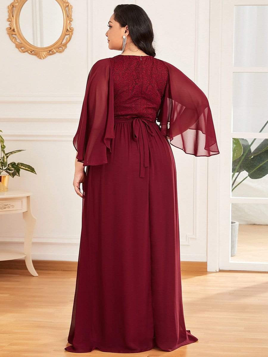 Elegant Maxi V Neck Chiffon Wedding Guest Dress with Sleeves #color_Burgundy