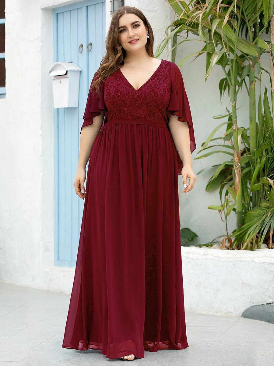 Custom Size Elegant Deep V Neck Chiffon Maxi Evening Dress #color_Burgundy