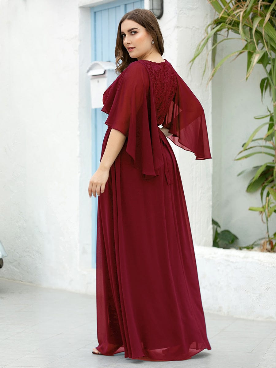 Elegant Deep V Neck Chiffon Maxi Evening Dress #color_Burgundy