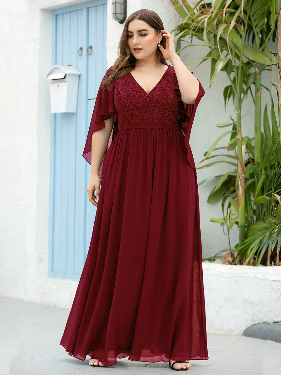 Women's Floor Length Deep V Neck Plus Size Evening Dress with Lace #color_Burgundy