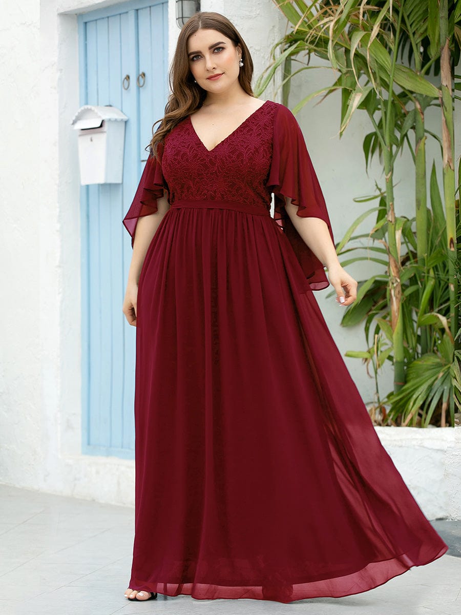 Women's Floor Length Deep V Neck Plus Size Evening Dress with Lace #color_Burgundy