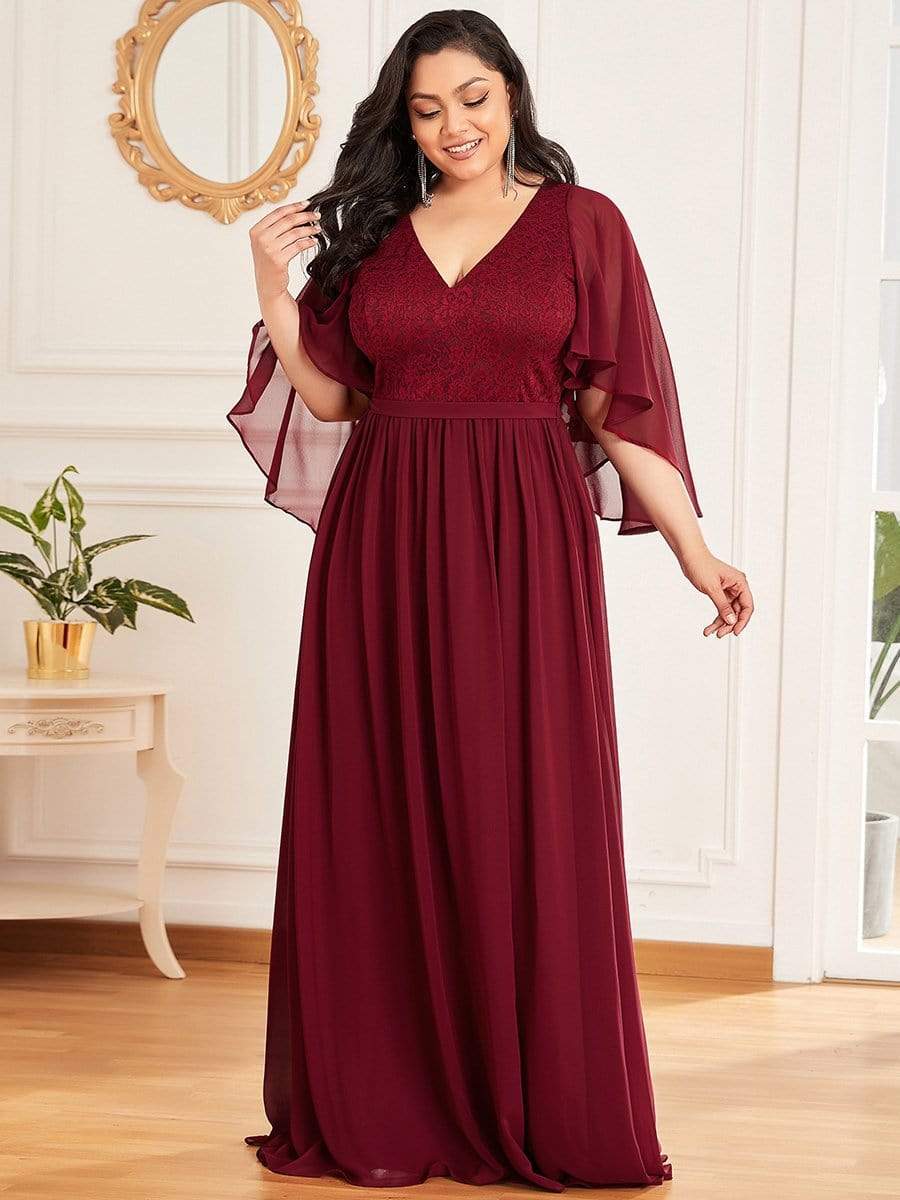 Elegant Deep V Neck Chiffon Maxi Evening Dress #color_Burgundy