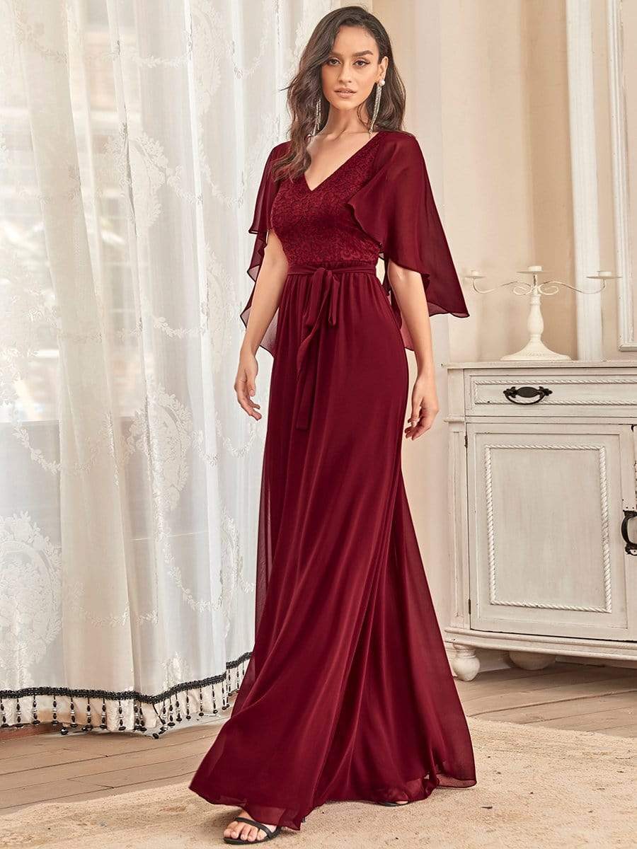 Elegant Deep V Neck Chiffon Maxi Evening Dress #color_Burgundy