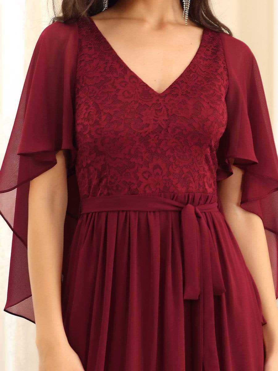 Elegant Maxi V Neck Chiffon Wedding Guest Dress with Sleeves #color_Burgundy