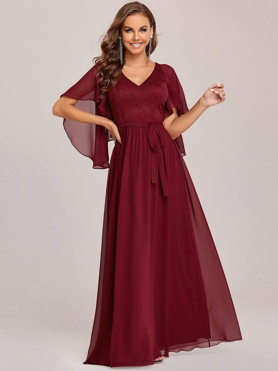 Elegant Maxi V Neck Chiffon Wedding Guest Dress with Sleeves #color_Burgundy