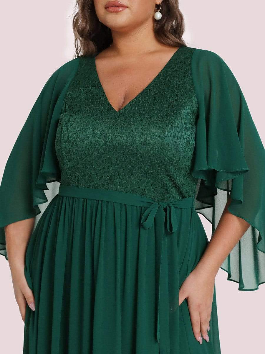 Women's Floor Length Deep V Neck Plus Size Evening Dress with Lace #color_Dark Green