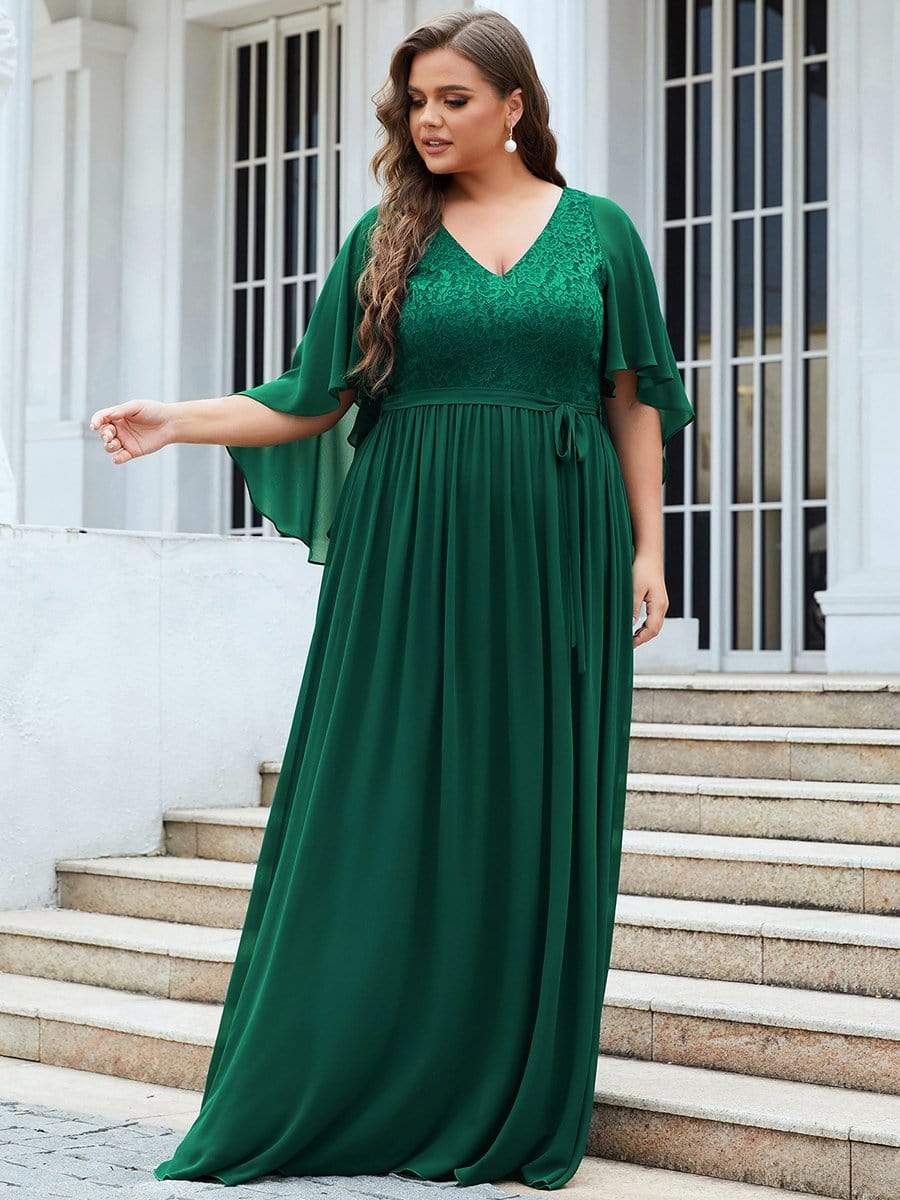 Women's Floor Length Deep V Neck Plus Size Evening Dress with Lace #color_Dark Green