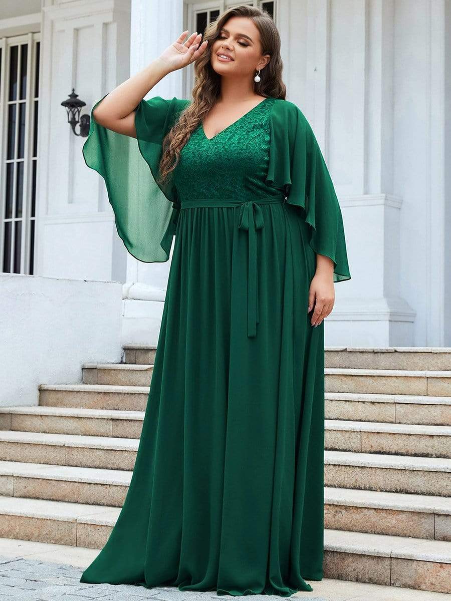 Women's Floor Length Deep V Neck Plus Size Evening Dress with Lace #color_Dark Green