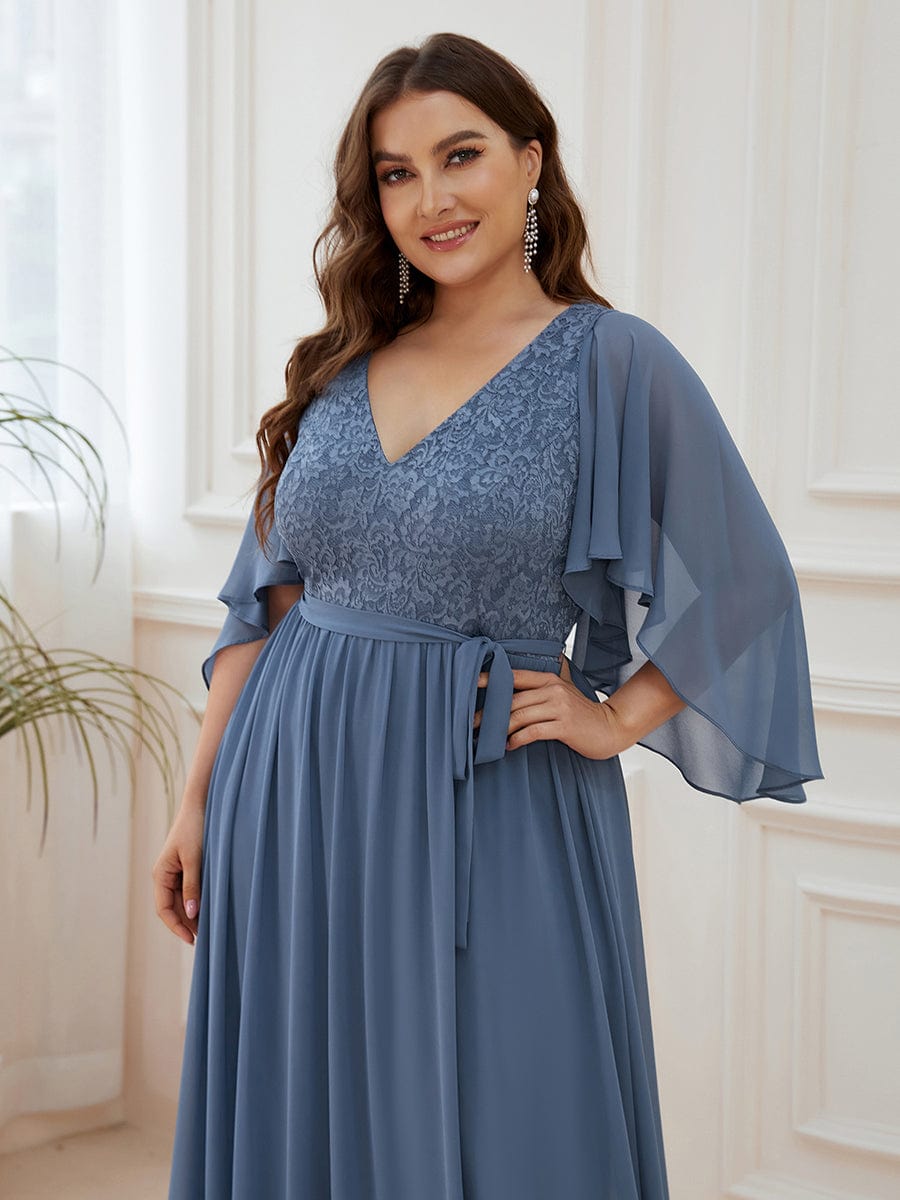 Elegant Deep V Neck Chiffon Maxi Evening Dress #color_Dusty Blue