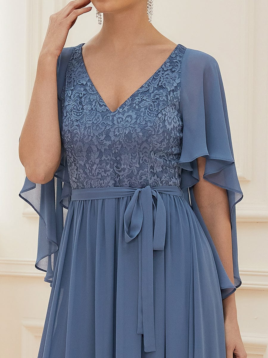 Elegant Deep V Neck Chiffon Maxi Evening Dress #color_Dusty Navy