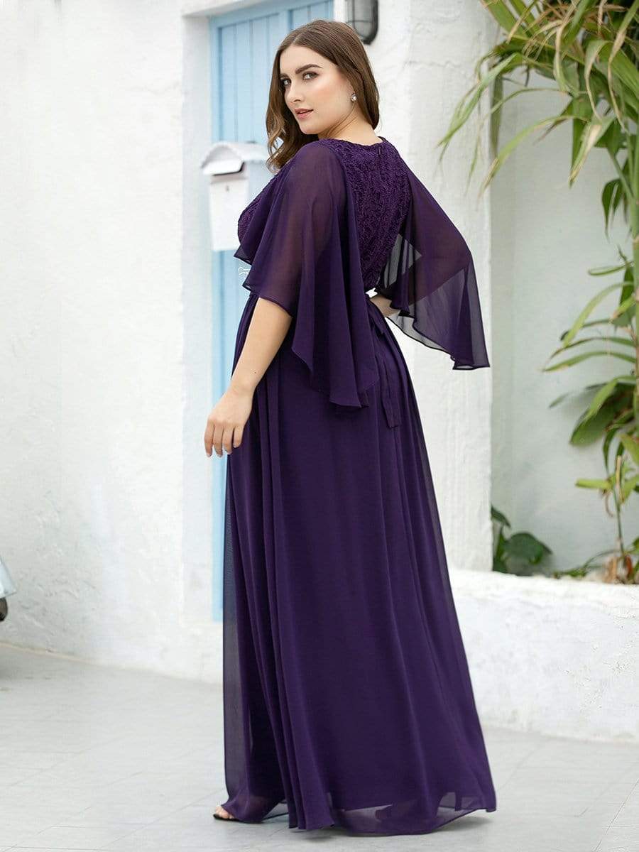 Elegant Maxi V Neck Chiffon Wedding Guest Dress with Sleeves #color_Dark Purple