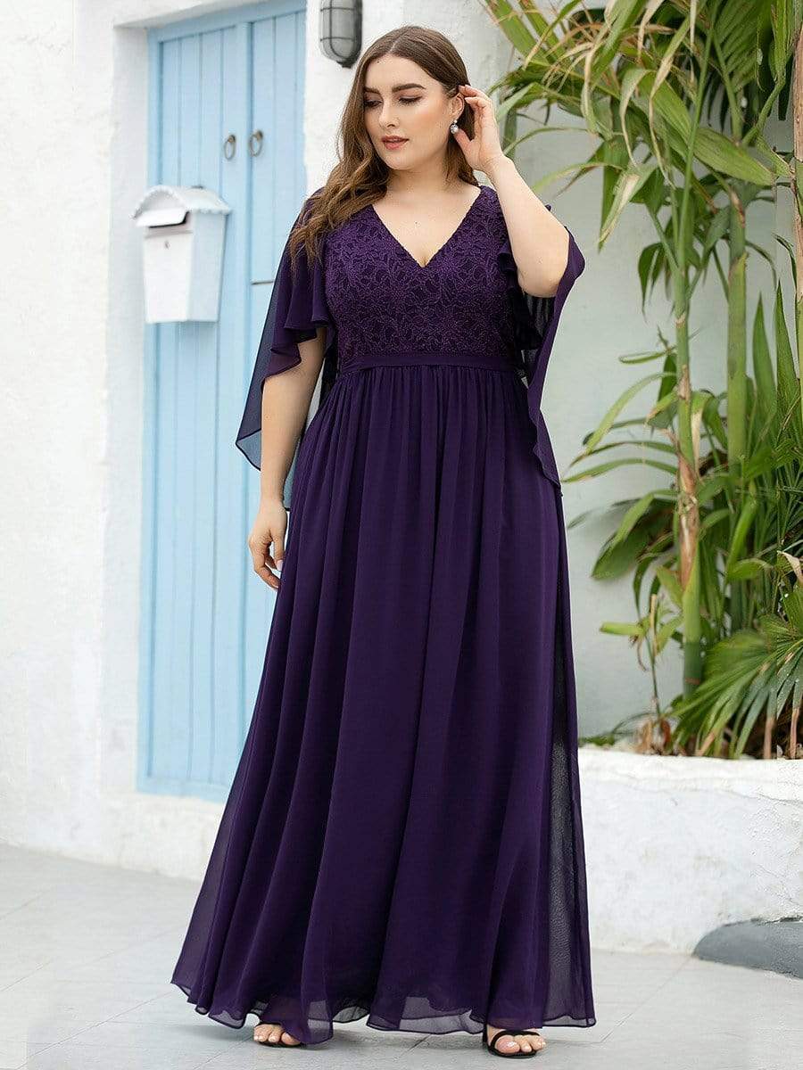 Women's Floor Length Deep V Neck Plus Size Evening Dress with Lace #color_Dark Purple