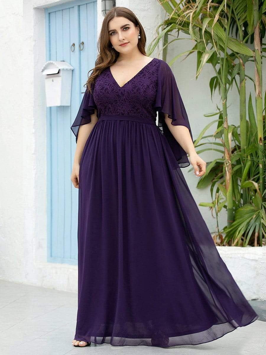 Women's Floor Length Deep V Neck Plus Size Evening Dress with Lace #color_Dark Purple