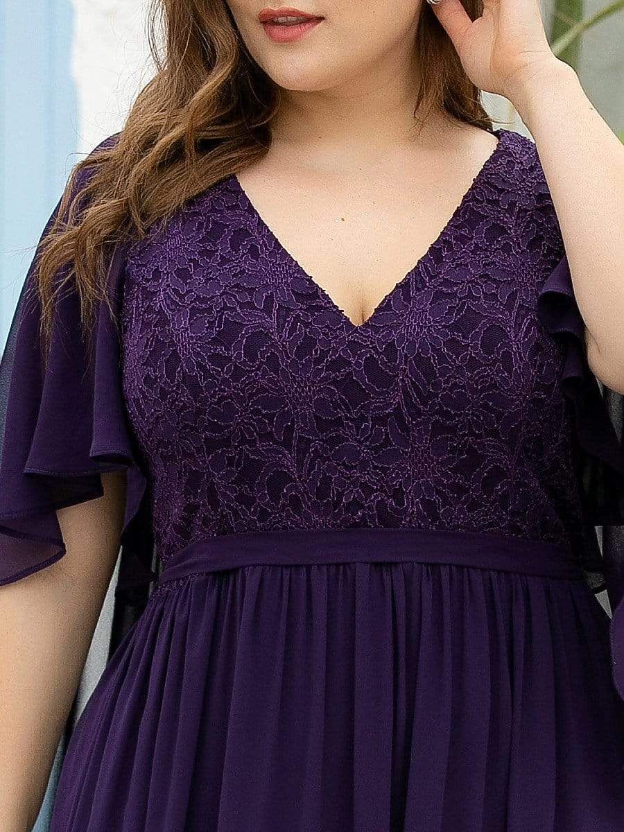 Women's Floor Length Deep V Neck Plus Size Evening Dress with Lace #color_Dark Purple