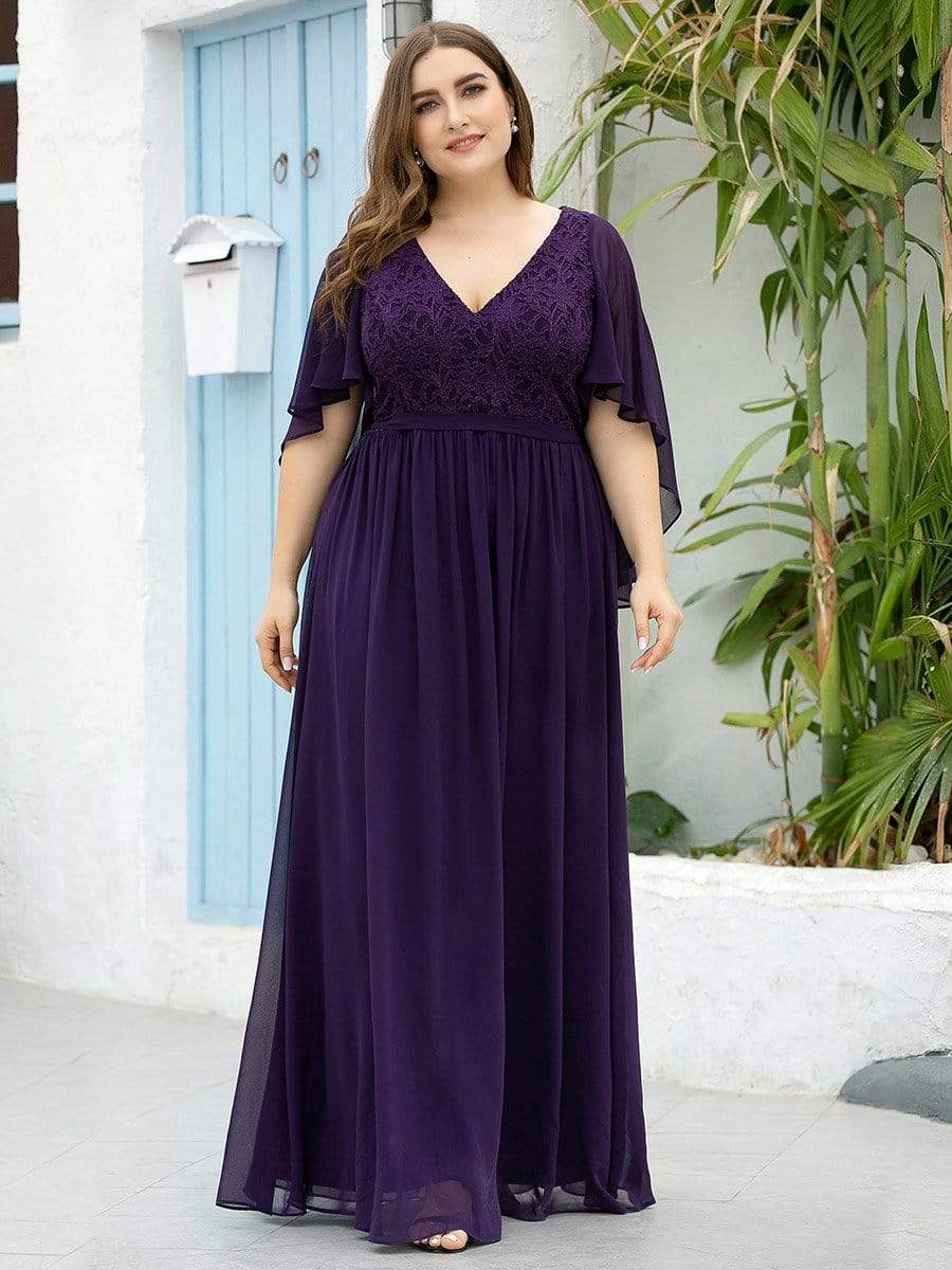 Custom Size Elegant Deep V Neck Chiffon Maxi Evening Dress #color_Dark Purple