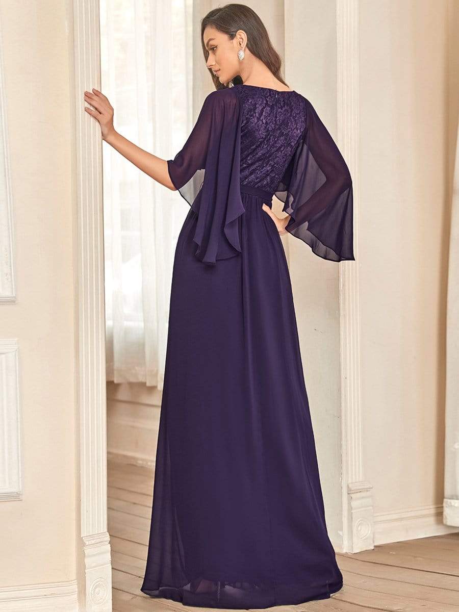 Elegant Maxi V Neck Chiffon Wedding Guest Dress with Sleeves #color_Dark Purple