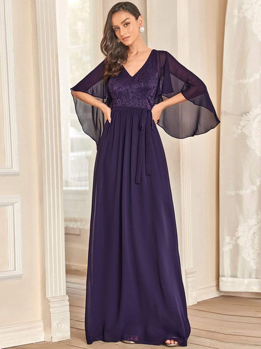 Elegant Deep V Neck Chiffon Maxi Evening Dress #color_Dark Purple