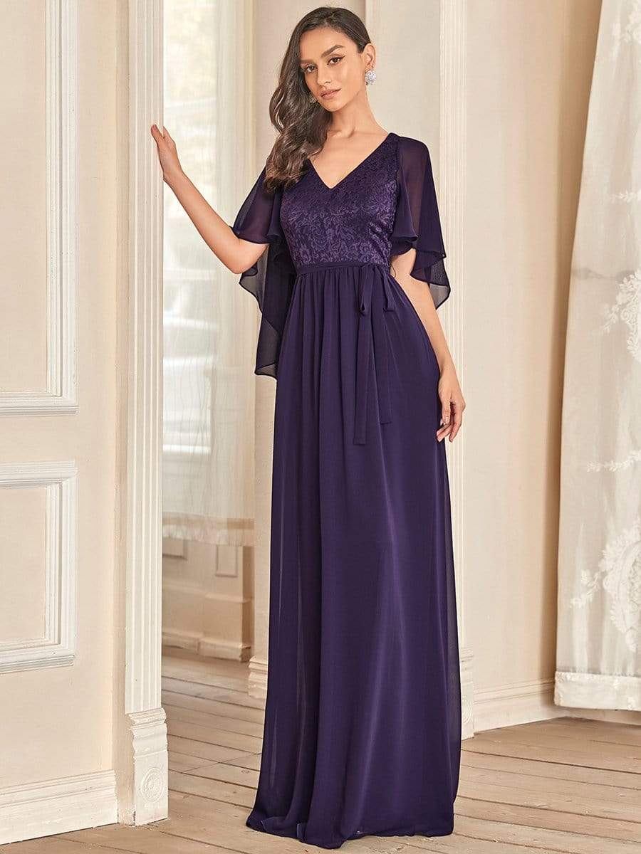 Elegant Deep V Neck Chiffon Maxi Evening Dress #color_Dark Purple