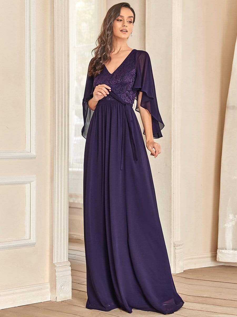 Elegant Deep V Neck Chiffon Maxi Evening Dress #color_Dark Purple