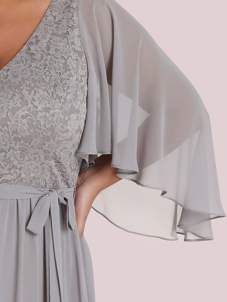 Elegant Maxi V Neck Chiffon Wedding Guest Dress with Sleeves #color_Grey