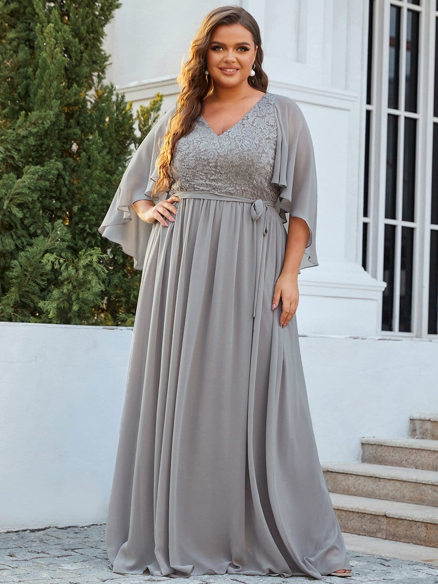 Elegant Maxi V Neck Chiffon Wedding Guest Dress with Sleeves #color_Grey