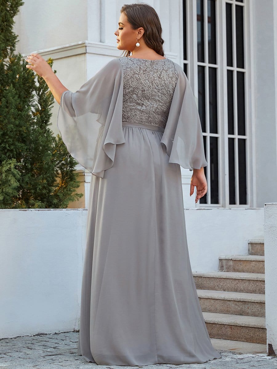 Elegant Maxi V Neck Chiffon Wedding Guest Dress with Sleeves #color_Grey