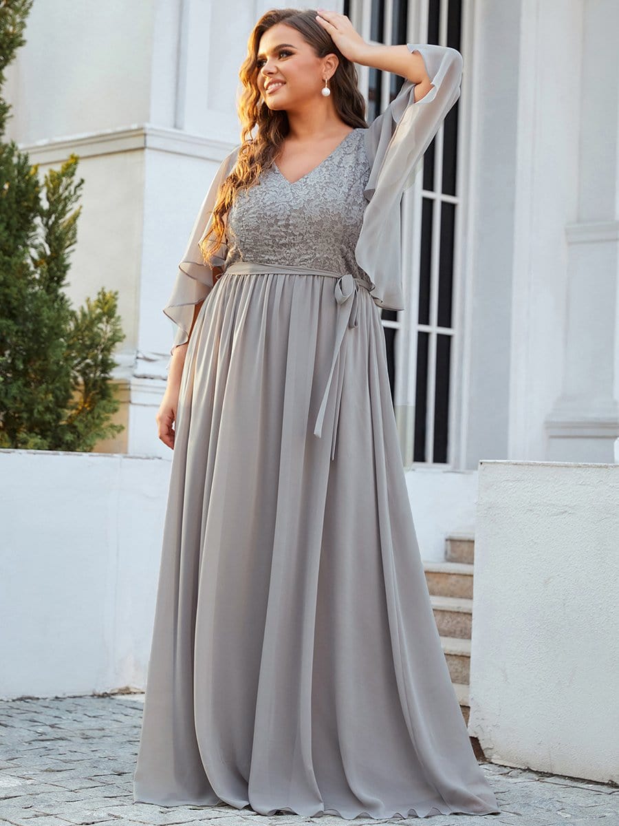 Women's Floor Length Deep V Neck Plus Size Evening Dress with Lace #color_Grey