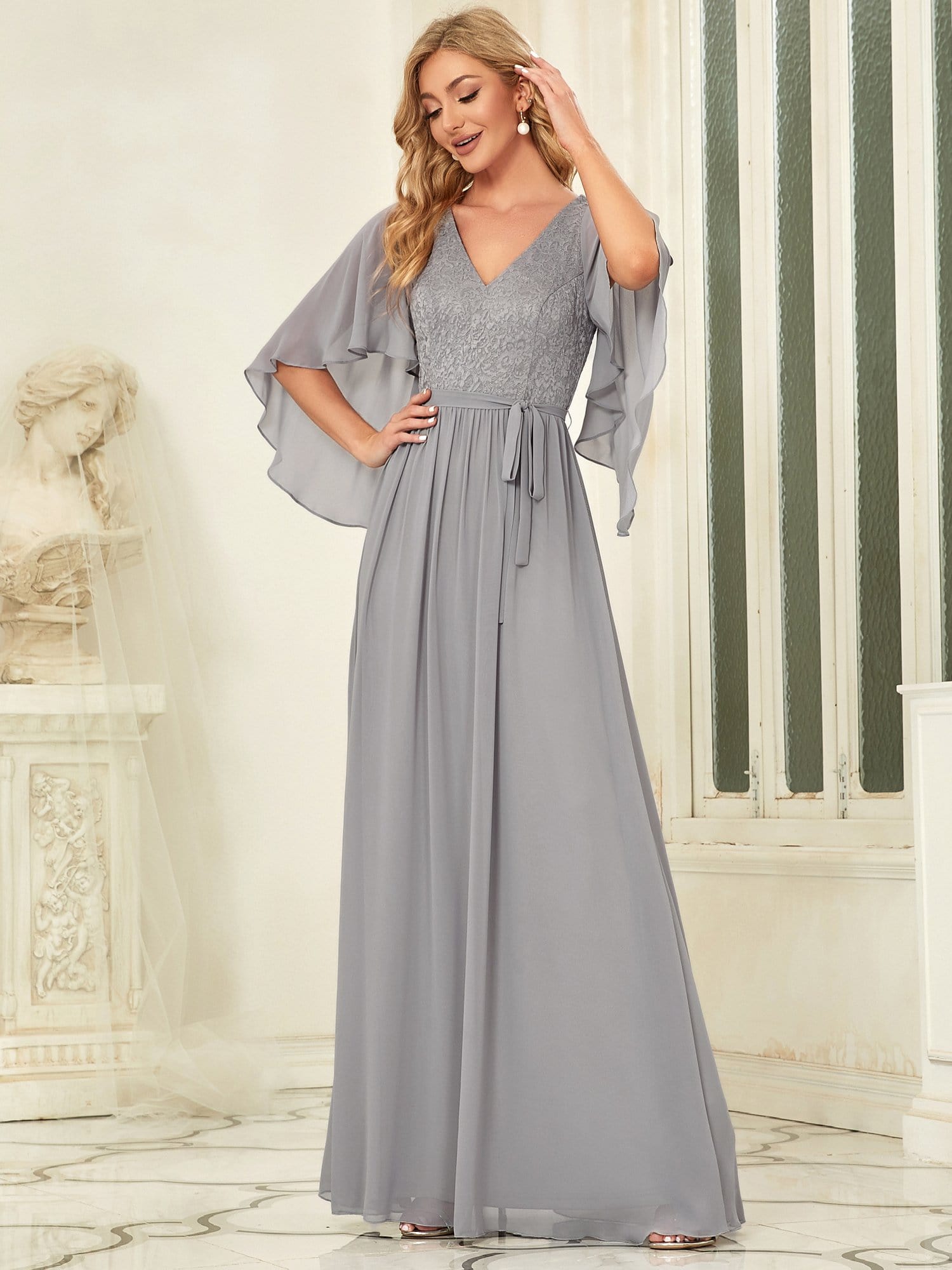 Elegant Deep V Neck Chiffon Maxi Evening Dress #color_Grey