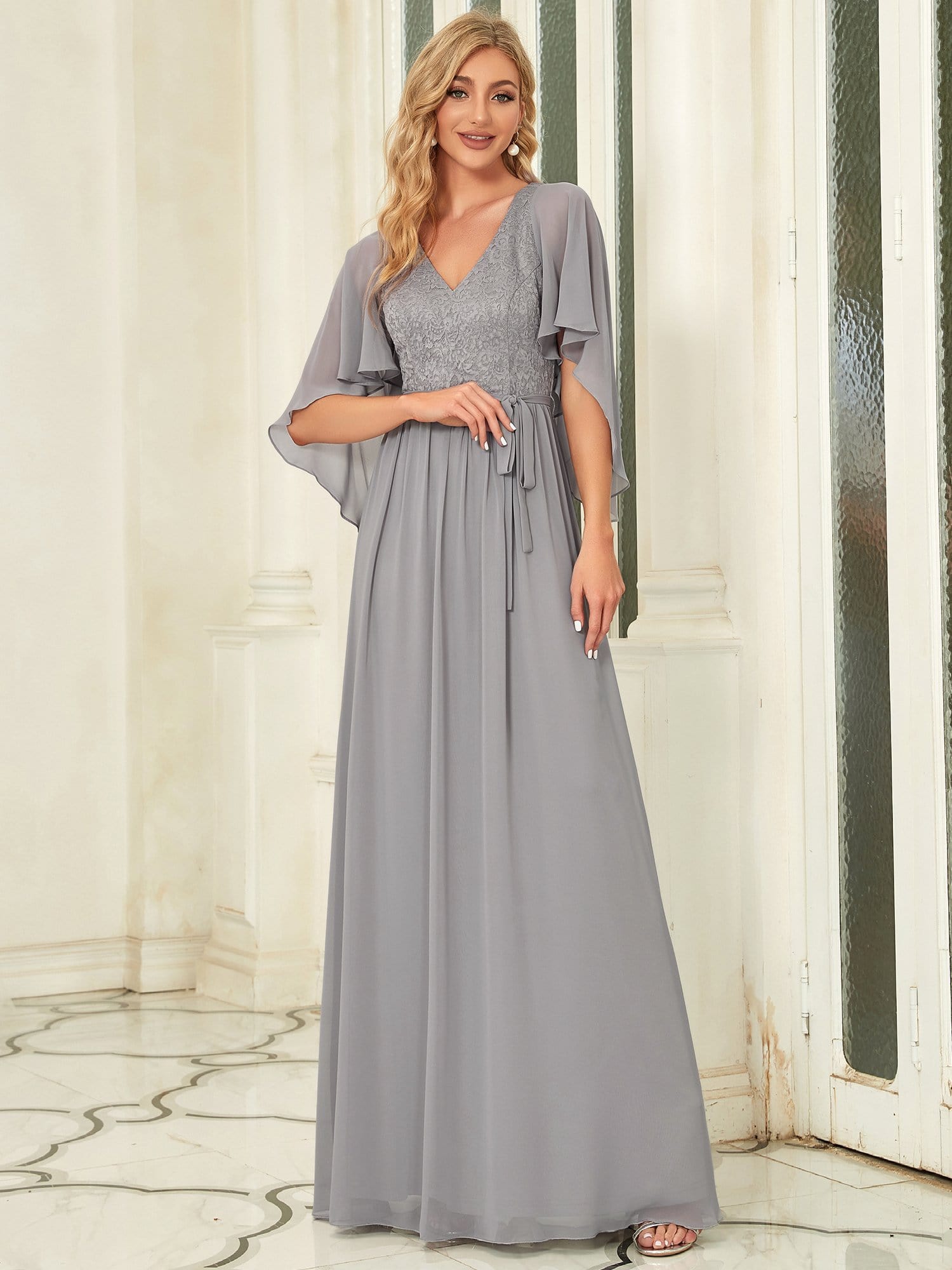 Custom Size Elegant Deep V Neck Chiffon Maxi Evening Dress #color_Grey