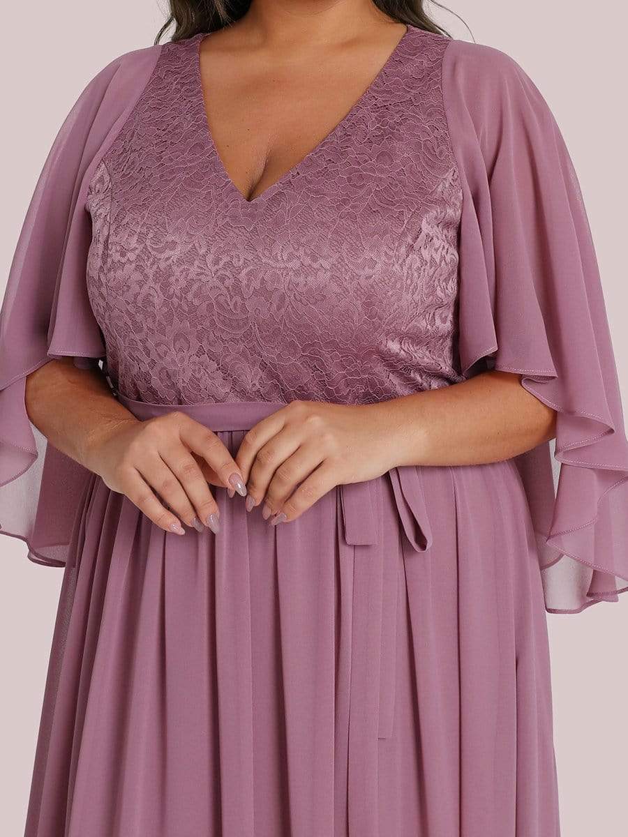 Women's Floor Length Deep V Neck Plus Size Evening Dress with Lace #color_Purple Orchid