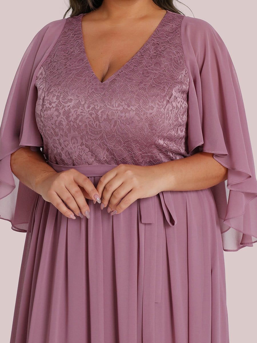 Elegant Maxi V Neck Chiffon Wedding Guest Dress with Sleeves #color_Purple Orchid