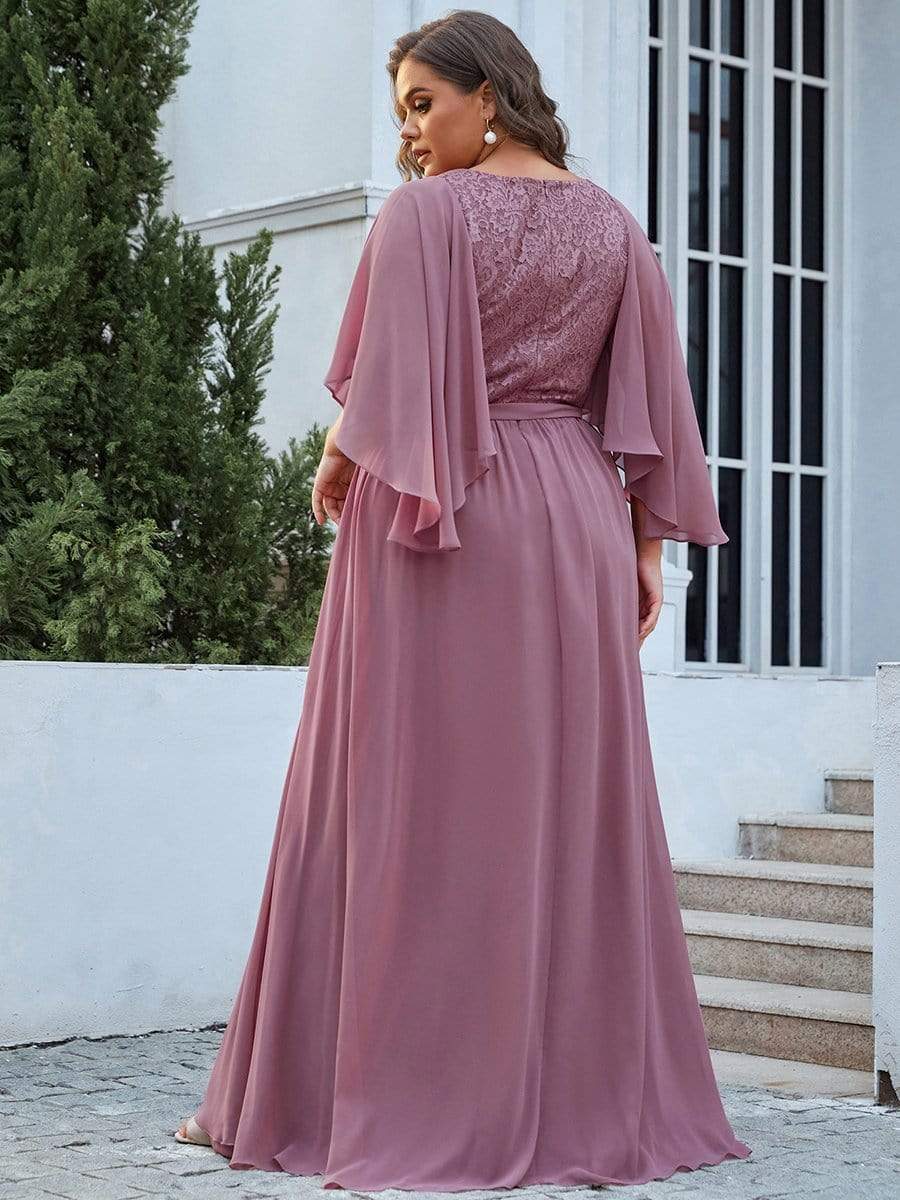 Women's Floor Length Deep V Neck Plus Size Evening Dress with Lace #color_Purple Orchid