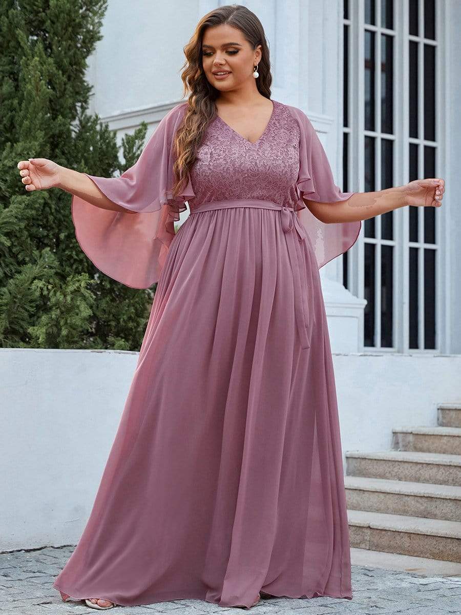 Women's Floor Length Deep V Neck Plus Size Evening Dress with Lace #color_Purple Orchid