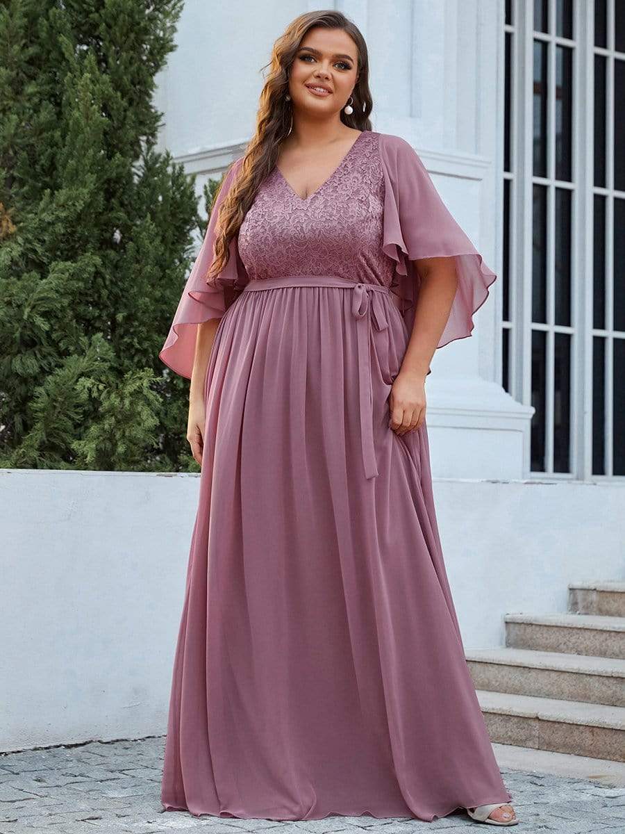 Women's Floor Length Deep V Neck Plus Size Evening Dress with Lace #color_Purple Orchid