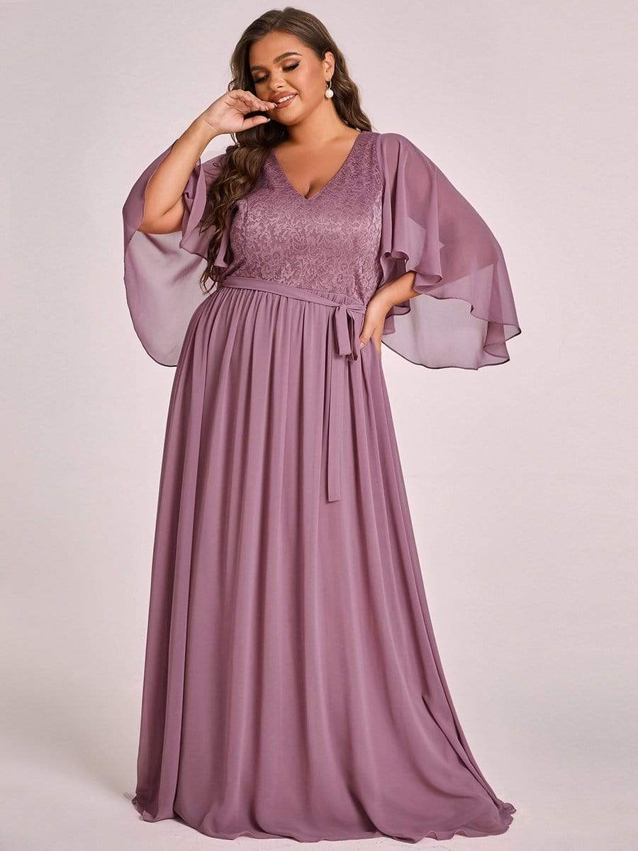 Women's Floor Length Deep V Neck Plus Size Evening Dress with Lace #color_Purple Orchid