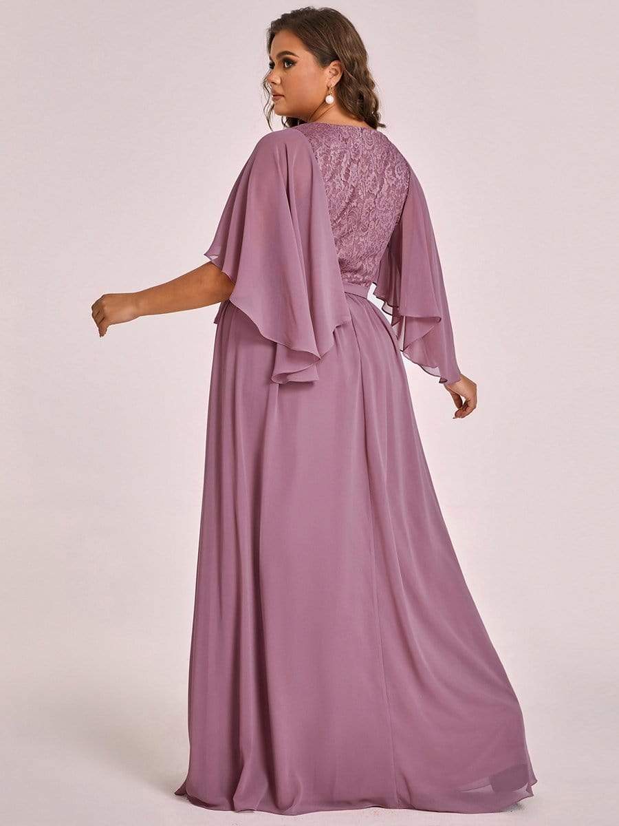 Women's Floor Length Deep V Neck Plus Size Evening Dress with Lace #color_Purple Orchid