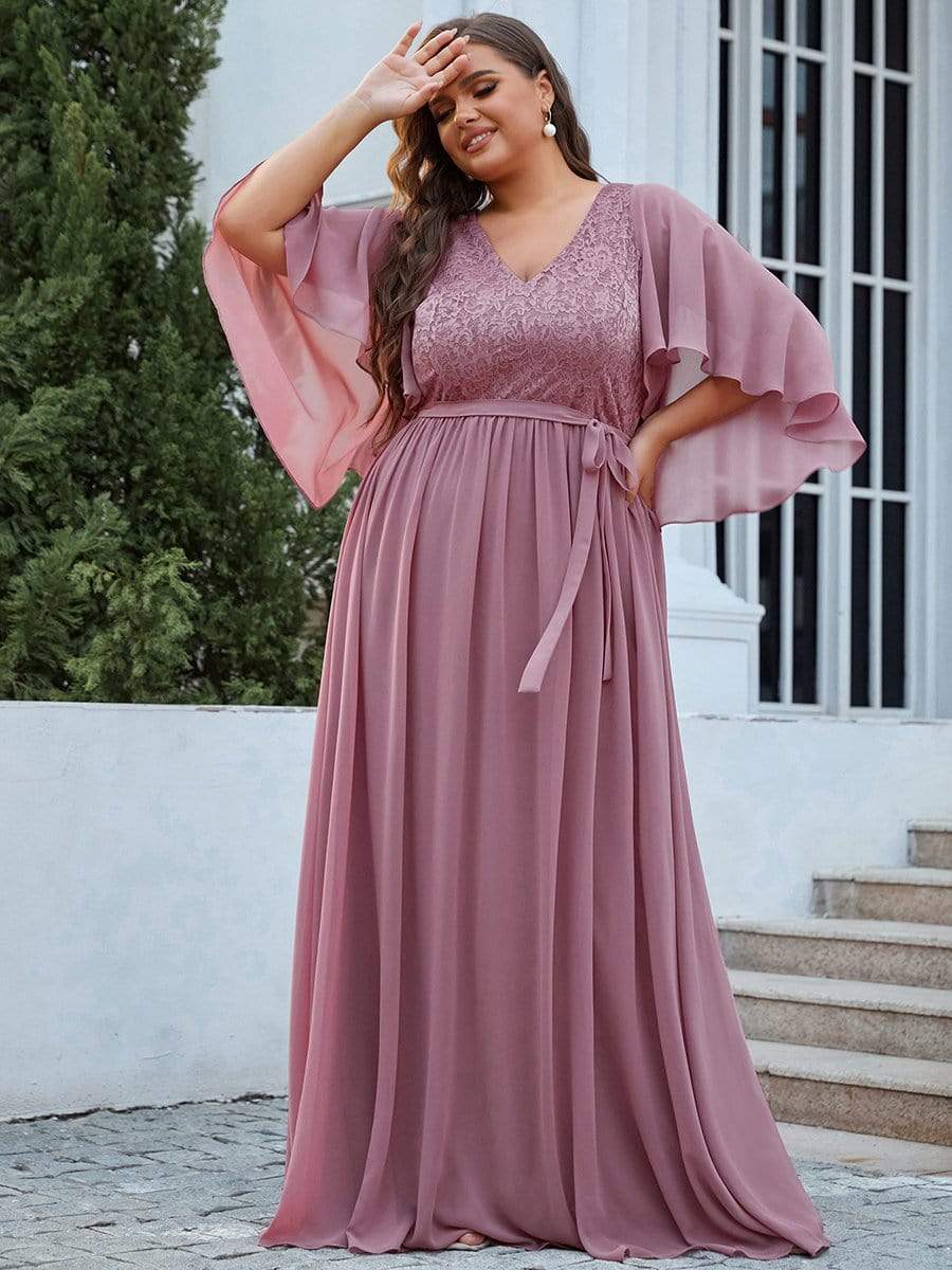 Women's Floor Length Deep V Neck Plus Size Evening Dress with Lace #color_Purple Orchid