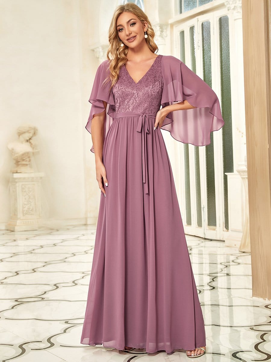 Elegant Maxi V Neck Chiffon Wedding Guest Dress with Sleeves #color_Purple Orchid