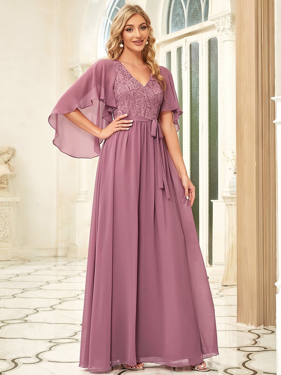 Elegant Maxi V Neck Chiffon Wedding Guest Dress with Sleeves #color_Purple Orchid