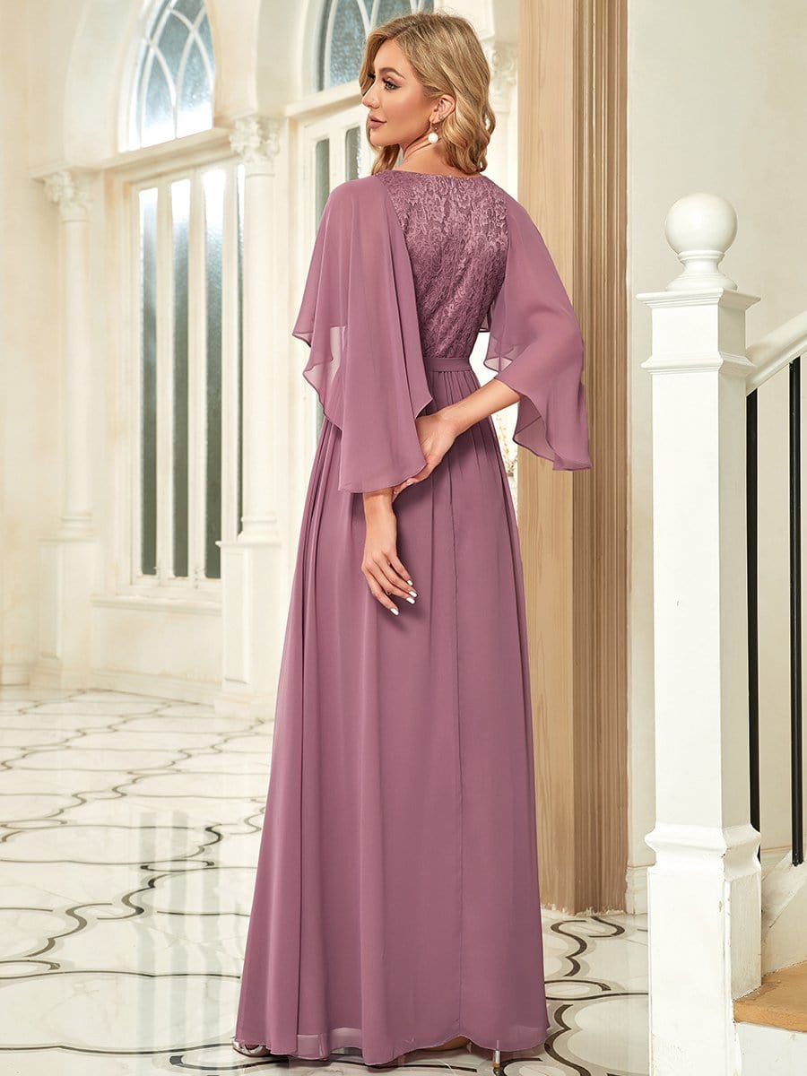 Elegant Maxi V Neck Chiffon Wedding Guest Dress with Sleeves #color_Purple Orchid