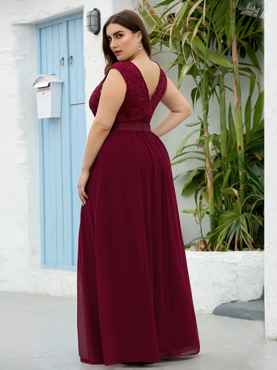 Classic Round Neck V Back Lace Bodice Bridesmaid Dress #color_Burgundy