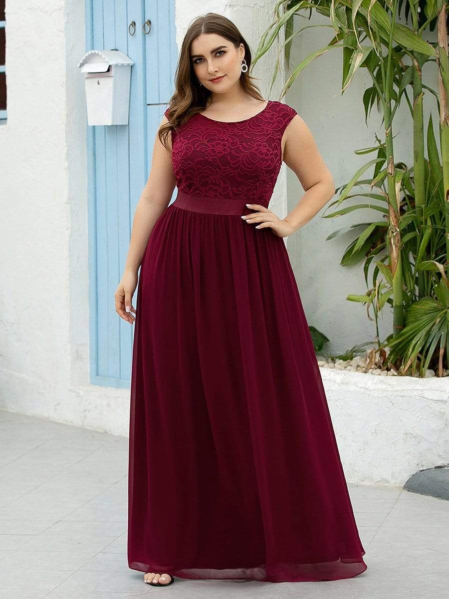 Classic Round Neck V Back Lace Bodice Bridesmaid Dress #color_Burgundy