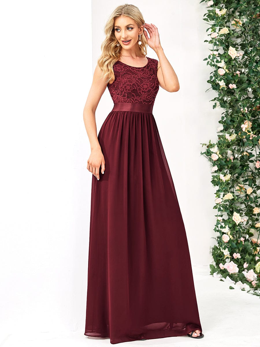 Classic Round Neck V Back Lace Bodice Bridesmaid Dress #color_Burgundy