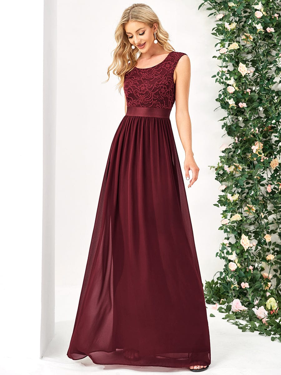 Classic Round Neck V Back Lace Bodice Bridesmaid Dress #color_Burgundy